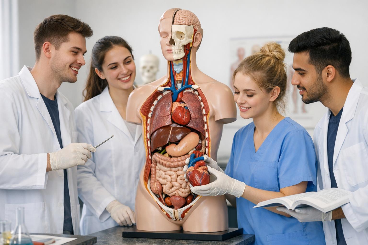 Studenci praktykujący na anatomicznym modelu podczas zajęć