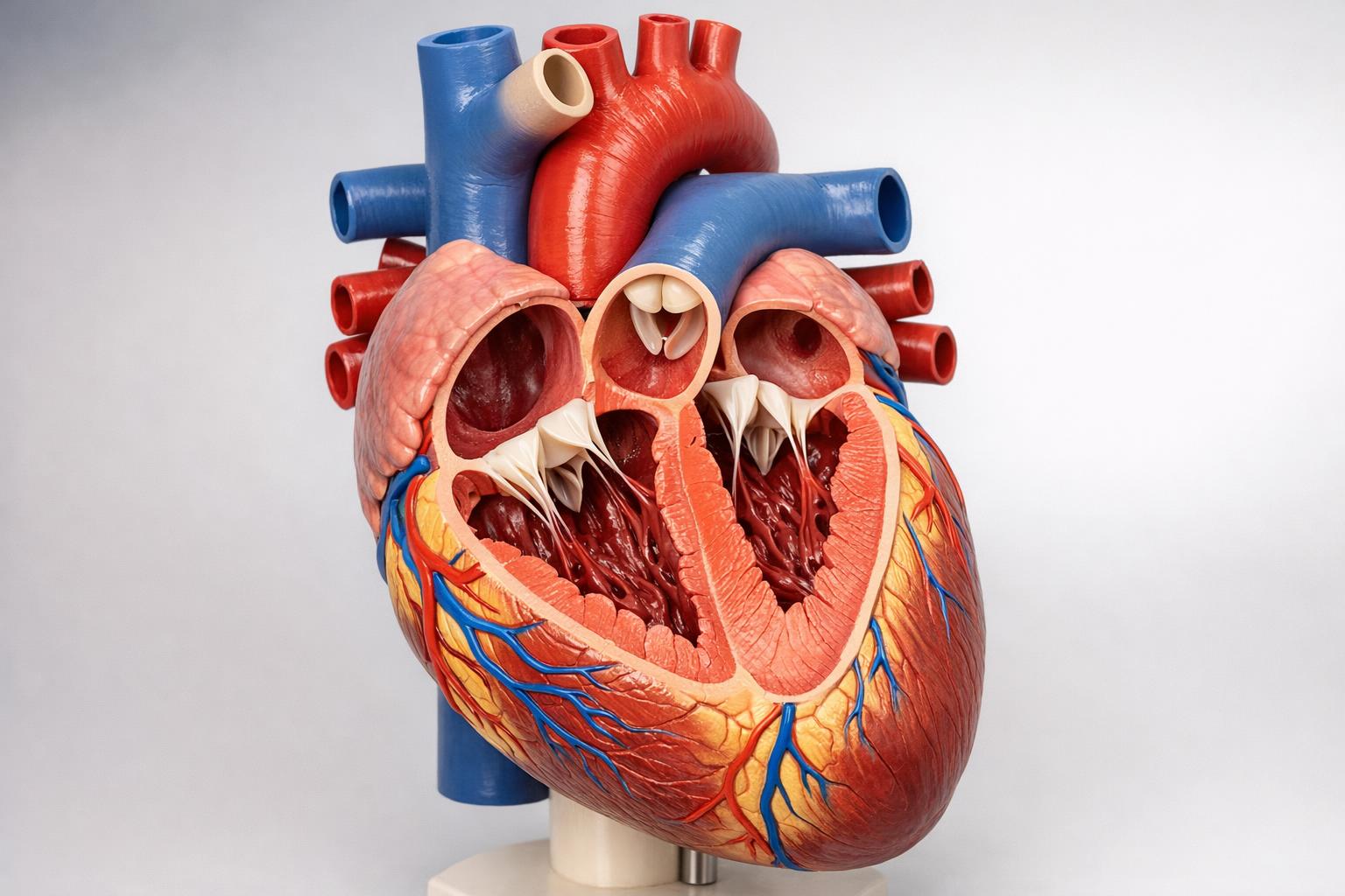 model anatomiczny serca z widocznymi komorami i naczyniami