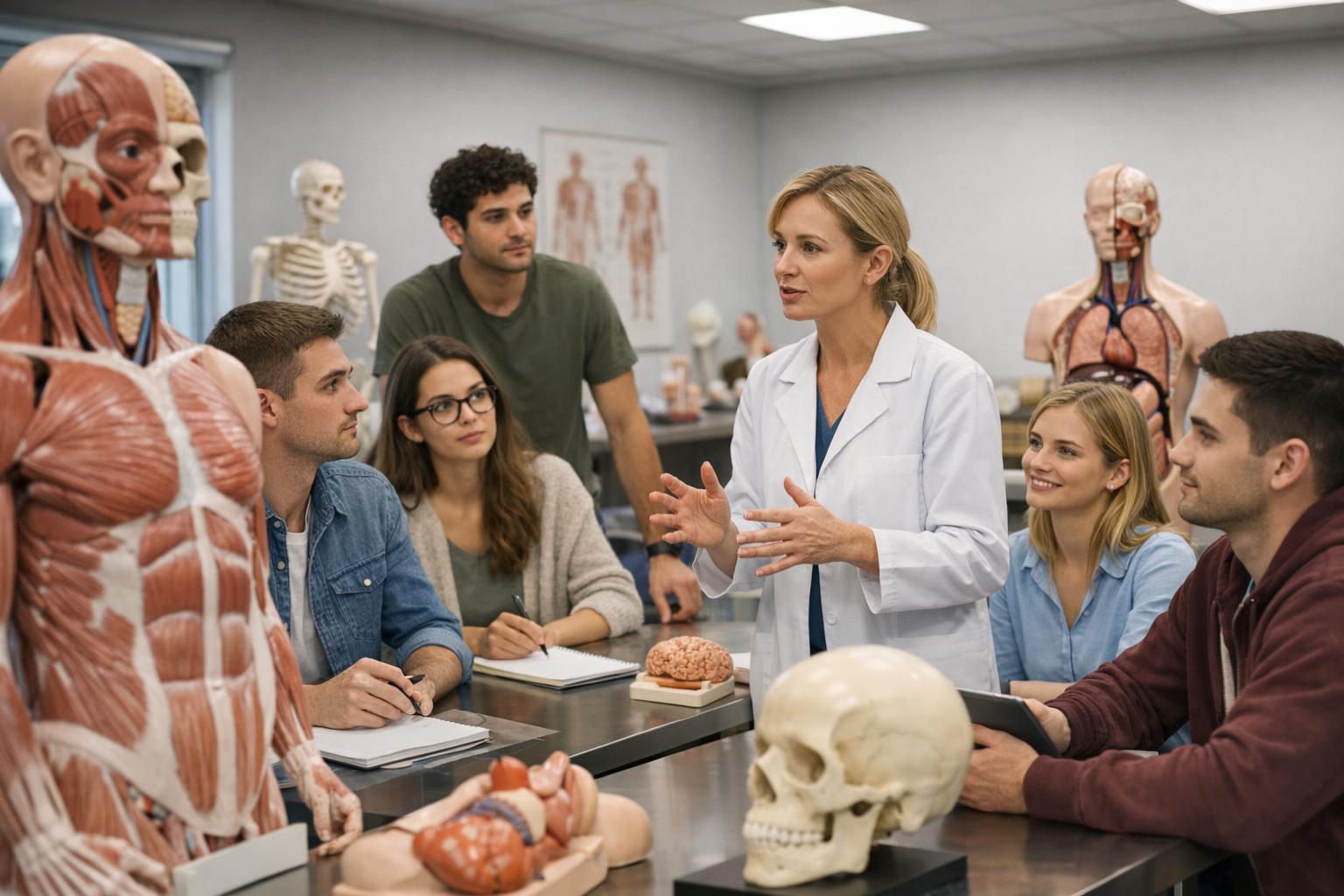 zdjęcie warsztatu edukacyjnego z modelami anatomicznymi i studentami